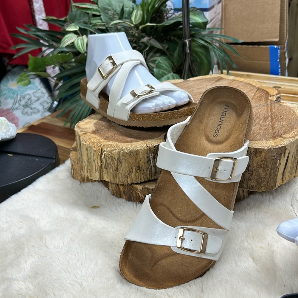 Lucy Buckle Slip On Sandal off-white with a‎ touch of iridescence